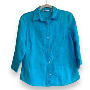 Women Laura Ashley Blue 100% Linen Floral Embroidered Button Up Shirt Size Small